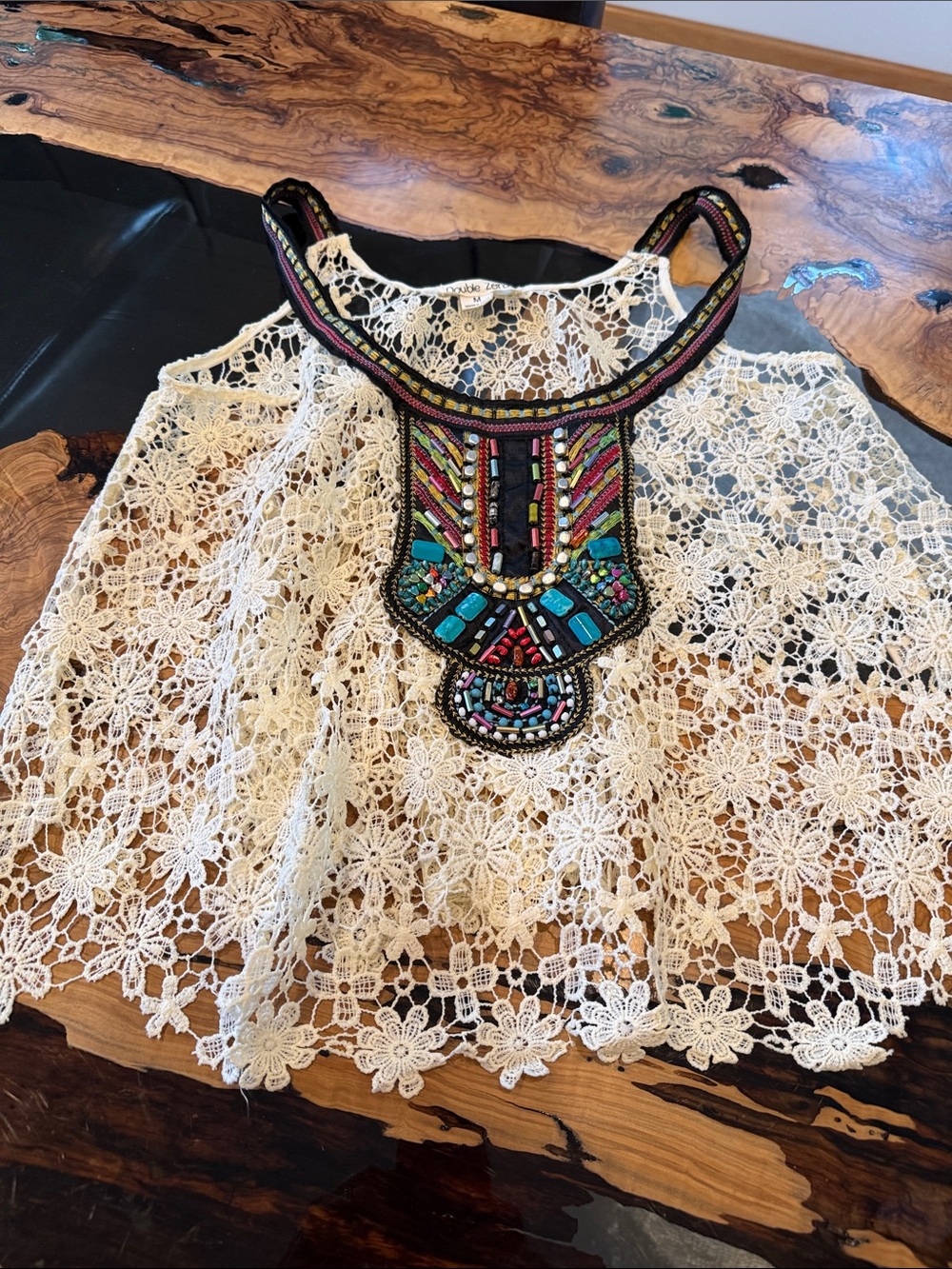 Double Zero BoHo Cream Crochet Lace Top with intricate beaded motifs